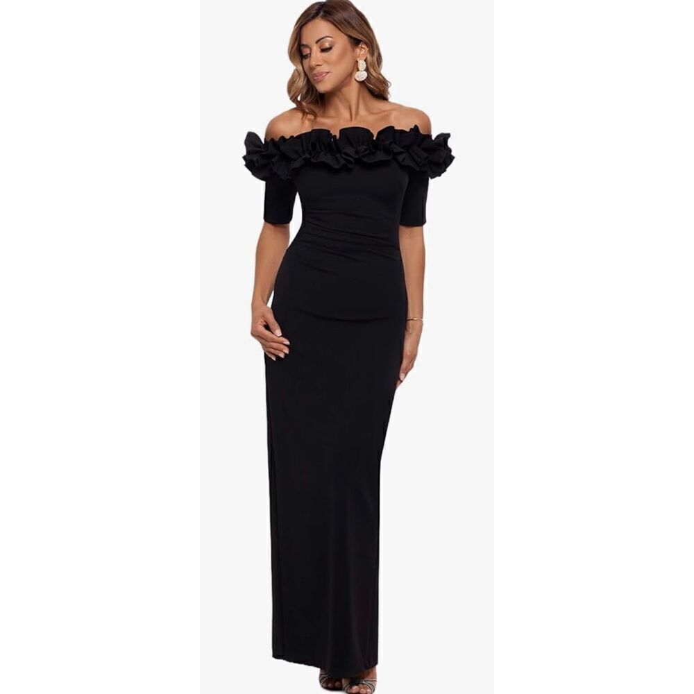 Xscape Women's Long Off The Shoulder Scuba Crepe Dress